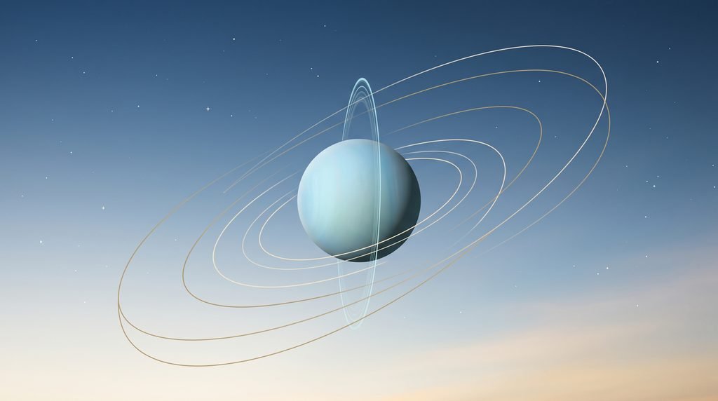 Planeta Urano cercado por linhas orbitais sobre fundo azul claro, representando de forma visual o movimento retrógrado aparente.
