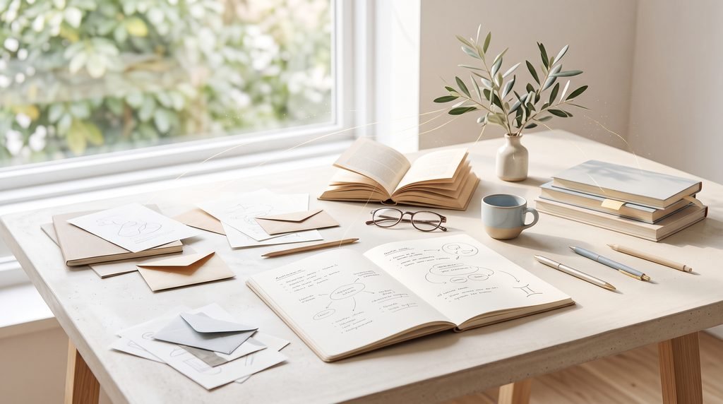 Mesa clara com livros, caderno, anotações, envelopes, canetas e planta, representando comunicação, aprendizado e troca de ideias associados a Gêmeos.
