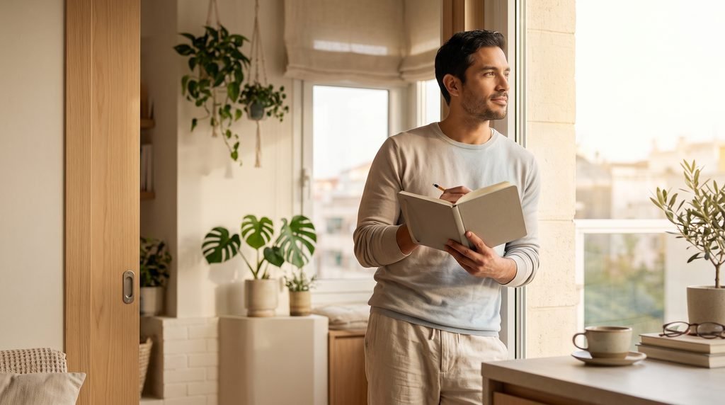 Por que alguns sonhos permanecem na nossa memória? Homem latino em pé junto a uma janela com um caderno aberto nas mãos, olhando para fora em um ambiente claro com plantas, livros e uma xícara.