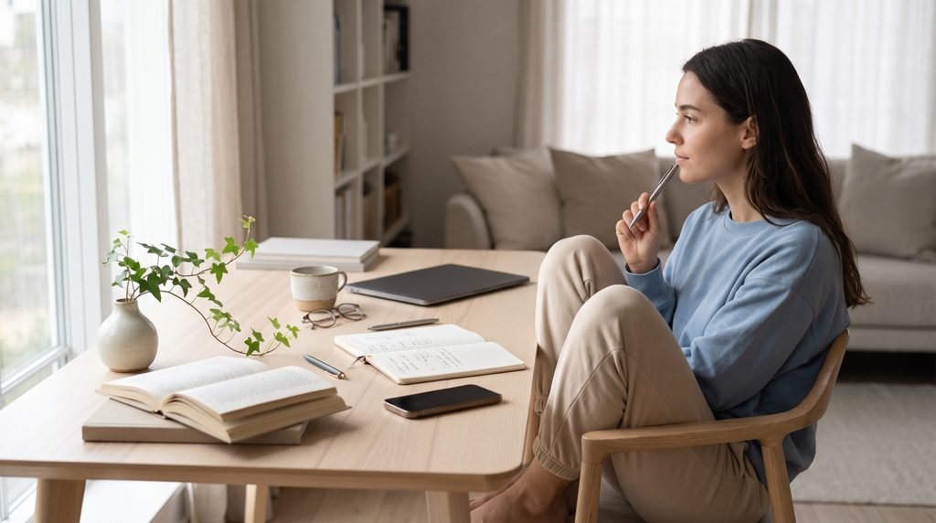 Mulher refletindo junto a uma mesa com livros, caderno, celular e notebook em ambiente claro, simbolizando revisão de ideias, informação e tecnologia.