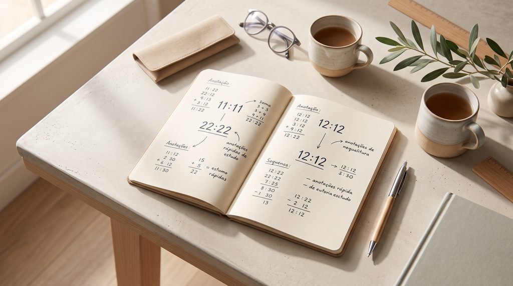 Caderno aberto sobre mesa clara com anotações de sequências como 11:11, 22:22 e 12:12, acompanhado por caneta, óculos, xícaras e ramos verdes.