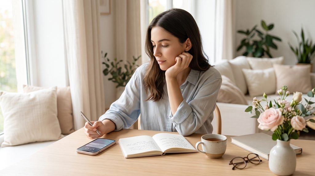 Mulher sentada à mesa escrevendo em um caderno enquanto um celular próximo mostra uma hora igual, em ambiente claro com flores, xícara e luz natural.