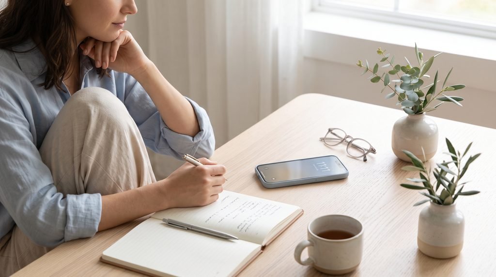 Mulher sentada à mesa escrevendo em um caderno enquanto um celular próximo mostra 11:11, em um ambiente claro com plantas, xícara e luz natural.