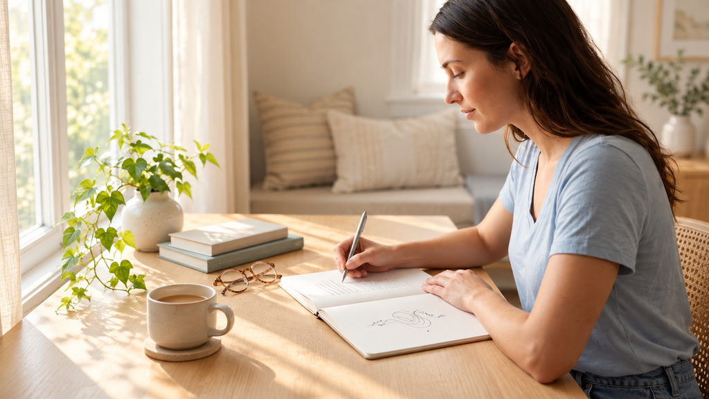 Sonhar com Cobra: Significados Espirituais por Cor e Contexto Mulher escrevendo em um caderno junto a uma janela iluminada pela luz natural, em um ambiente claro e acolhedor, representando reflexão, autoconhecimento e a observação das emoções após um sonho.