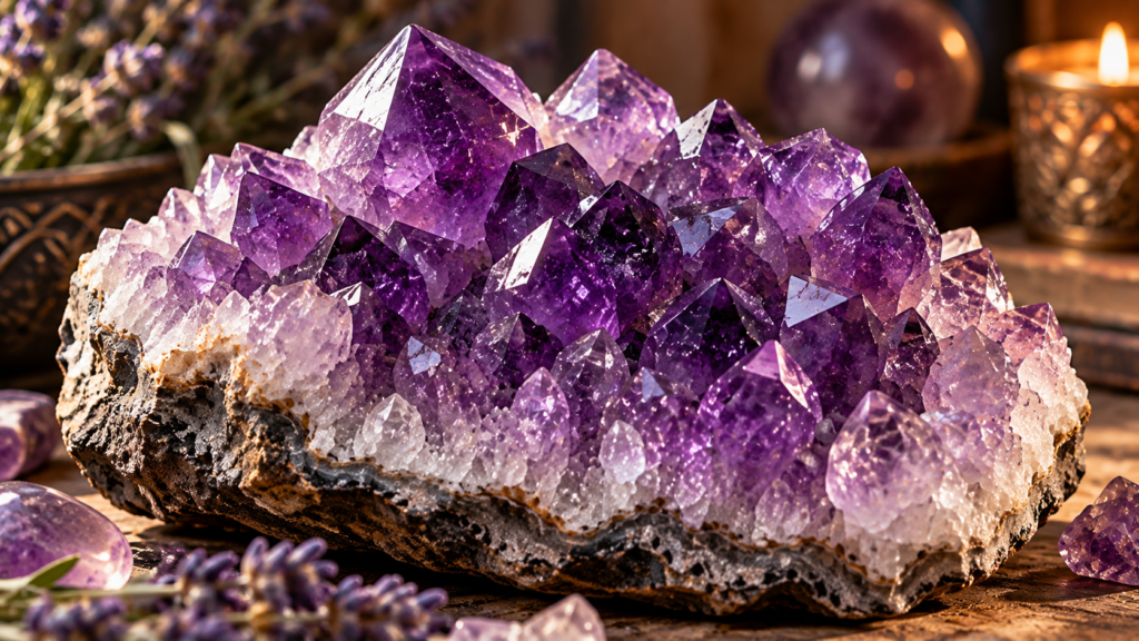 Ametista natural com cristais violetas em diferentes tonalidades sobre uma matriz mineral