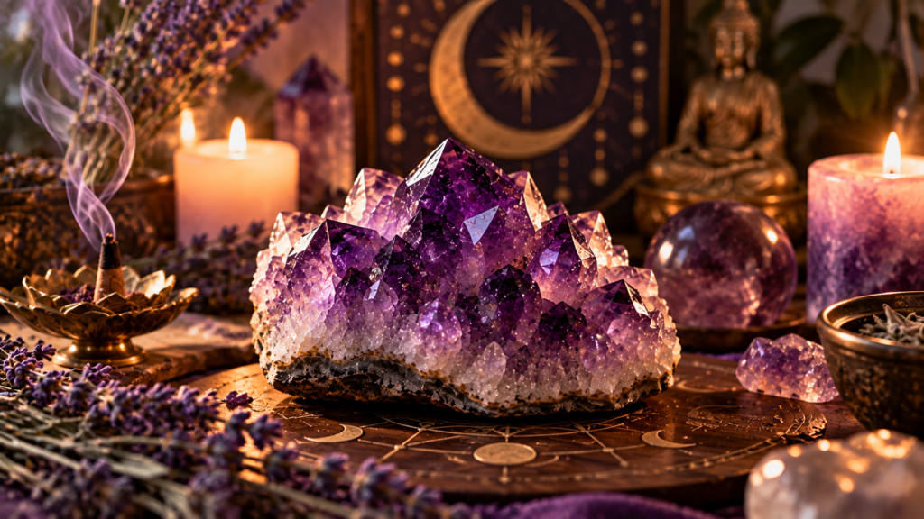 Ametista em altar espiritual com velas, incenso, lavanda e símbolos lunares