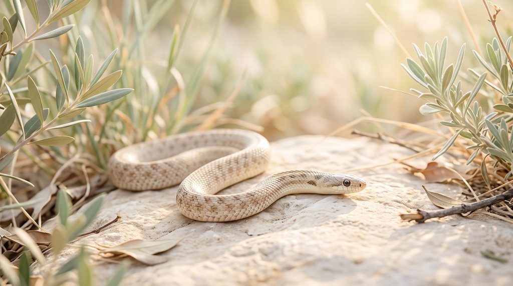 Sonhar com Cobra: Significados Espirituais por Cor e Contexto Cobra de coloração clara repousando sobre uma pedra em meio à vegetação, iluminada por luz natural suave, representando de forma serena o simbolismo de transformação e renovação associado aos sonhos com cobra.
