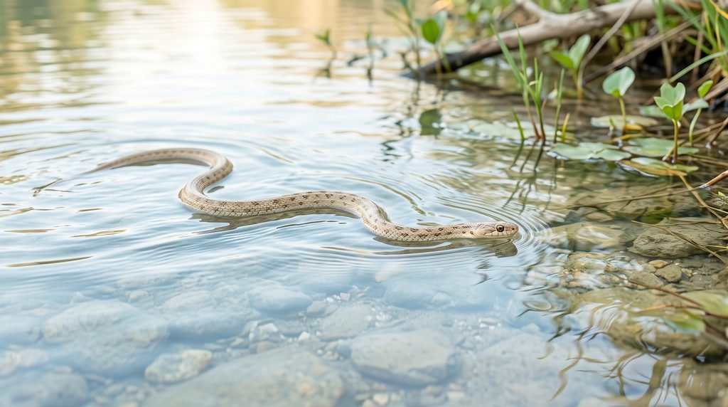 Sonhar com Cobra: Significados Espirituais por Cor e Contexto Cobra clara nadando em água tranquila e transparente, cercada por vegetação natural, representando de forma serena emoções, fluidez e processos internos associados à interpretação simbólica dos sonhos com cobra.