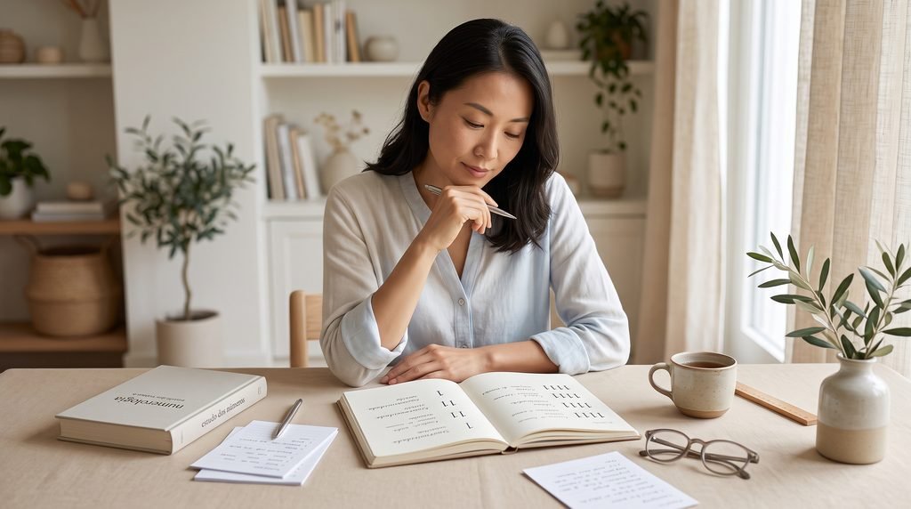 Mulher asiática analisando anotações e sequências numéricas em livros e cadernos sobre uma mesa clara, em ambiente iluminado por luz natural.