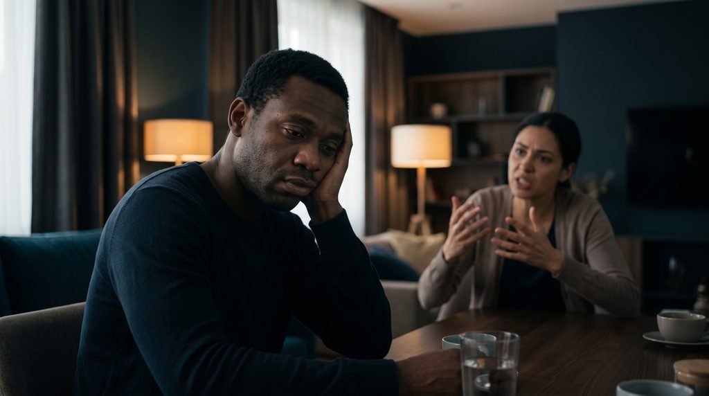 Homem negro sentado à mesa com expressão de exaustão enquanto uma mulher fala de forma intensa ao fundo em uma sala pouco iluminada.