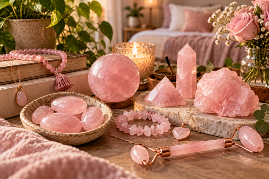 Diferentes formas de usar quartzo rosa, incluindo pedras roladas, cristais, joias e objetos decorativos