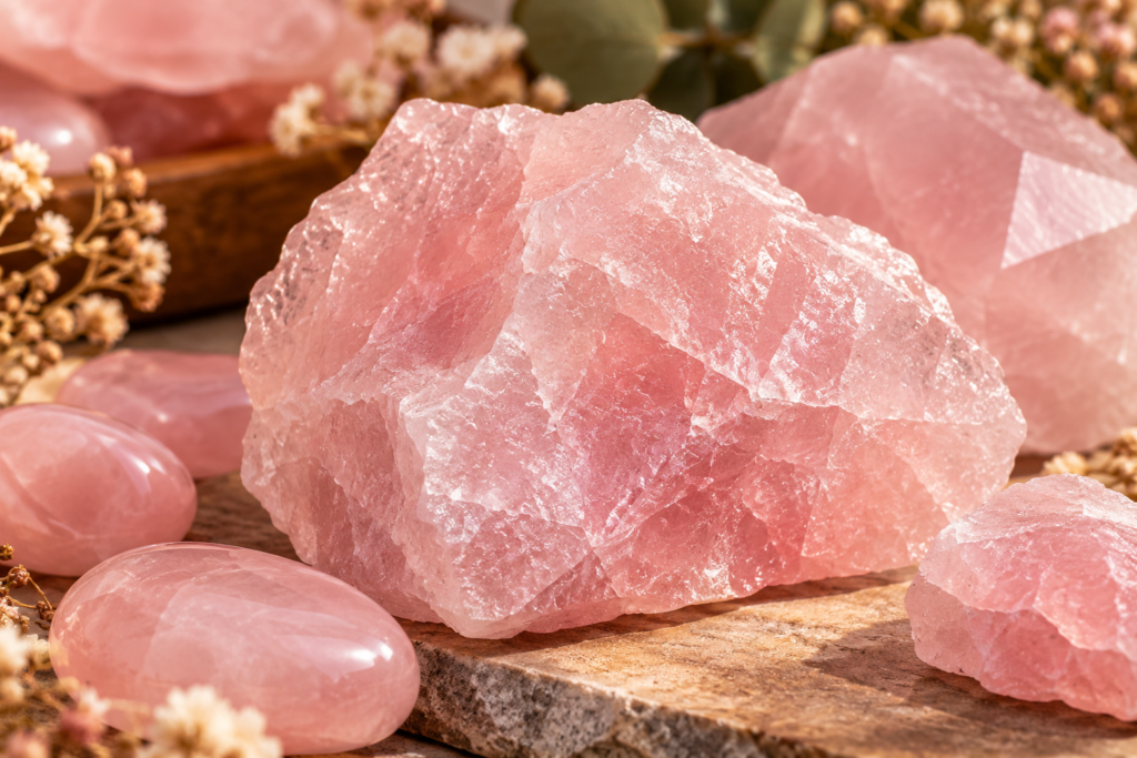 Quartzo rosa natural em diferentes formatos e tonalidades, com destaque para um cristal bruto