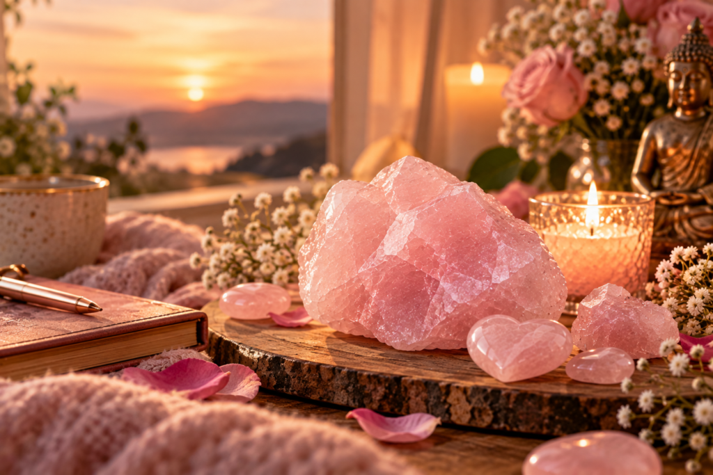 Quartzo rosa em ambiente intimista com flores, velas e luz suave ao entardecer