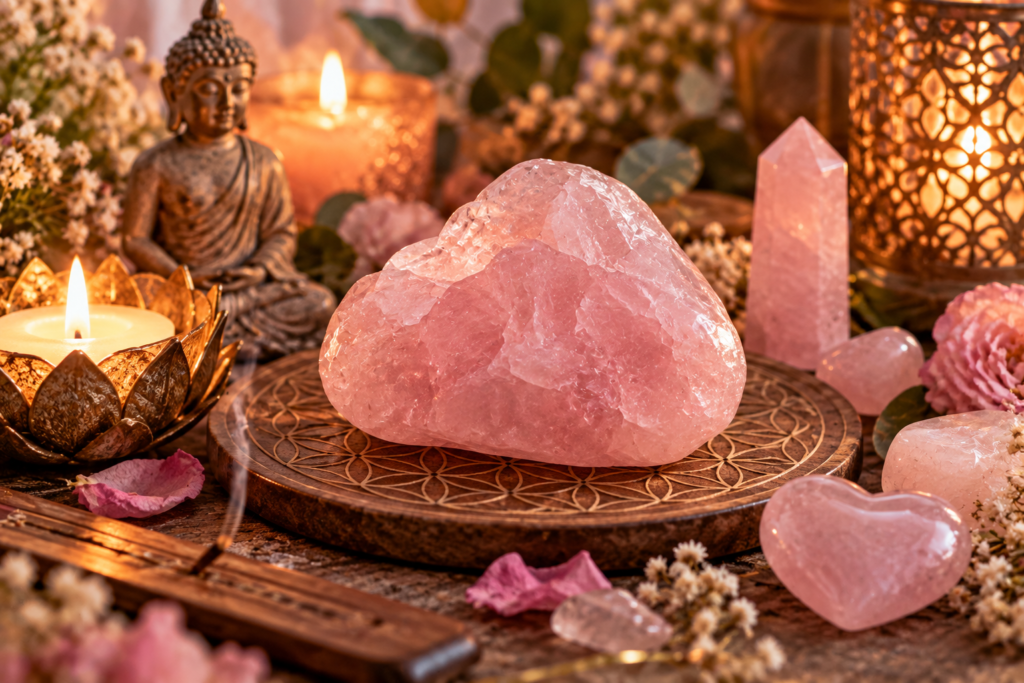 Quartzo rosa em altar espiritual com velas, cristais, flores e elementos simbólicos